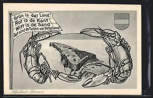 AK Helgoland, Totalansicht mit Krebsen, Wappen