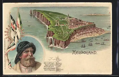 Lithographie Helgoland, Gesamtansicht aus der Vogelschau
