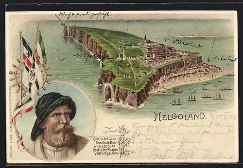 Lithographie Helgoland, Gesamtansicht aus der Vogelschau