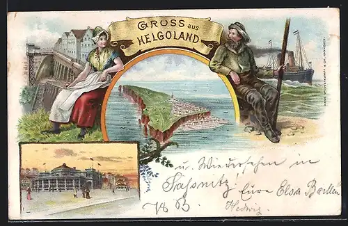 Lithographie Helgoland, Fischerpaar an der Mole, Gesamtansicht