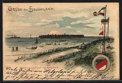 Lithographie Helgoland, Blick von der Düne zur Insel, Wappen, Segelboot