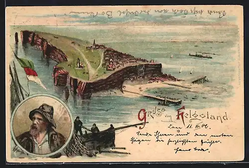 Lithographie Helgoland, Gesamtansicht mit Fischern, Fischerportrait