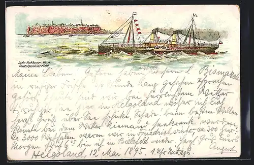 Vorläufer-Lithographie Helgoland, 1895, Teilansicht mit Dampfer
