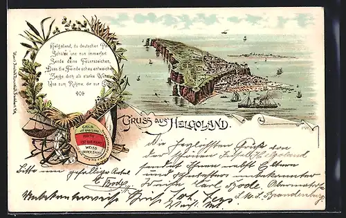 Lithographie Helgoland, Totalansicht der Insel, Grün ist das Land, Rot ist die Kant, Weiss ist der Sand