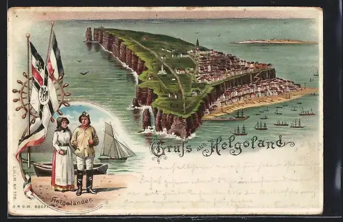 Lithographie Helgoland, Ortsansicht, Helgoländer, Fahnen