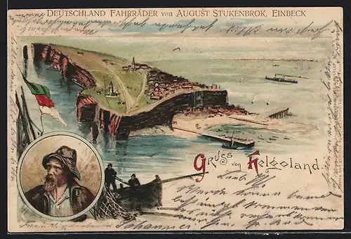 Lithographie Helgoland, Gesamtansicht mit Fischern, Fischerportrait