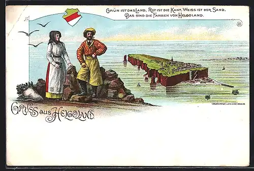 Lithographie Helgoland, Totalansicht, Fischerpaar, Wappen