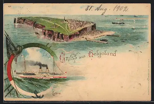 Lithographie Helgoland, Insel von Oben, Dampfer