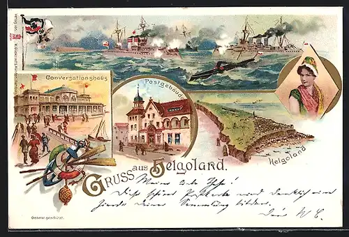 Lithographie Helgoland, Kriegsschiffe unter Volldampf, Conversationshaus, Postgebäude, Helgoländerin in Tracht