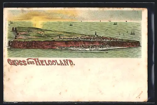 Lithographie Helgoland, Totalansicht bei Sonnenuntergang