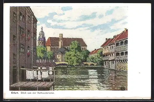 Künstler-AK Erfurt, Blick von der Rathausbrücke