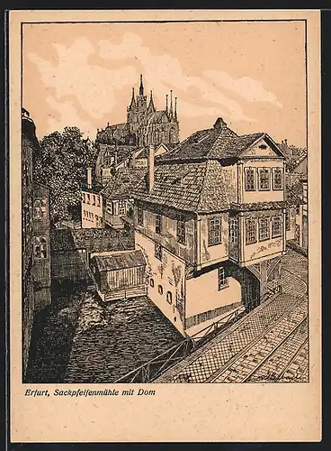 Künstler-AK Erfurt, Sackpfeifenmühle mit Dom
