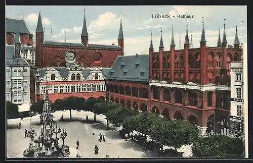 AK Lübeck, Rathaus mit Brunnen