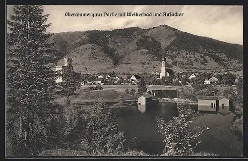 AK Oberammergau, Partie mit Weiherbad und Aufacker