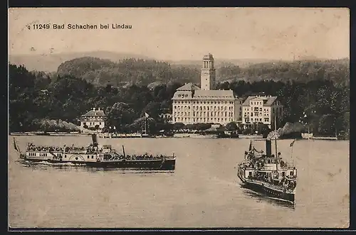 AK Bad Schachen bei Lindau, Dampfer vor dem Ort