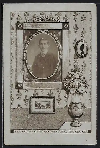 Foto-AK Bild eines jungen Mannes in einem Bilderrahmen mit Vase