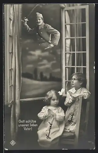 Foto-AK Kinder beten am offenden Fenster für Ihren Vater