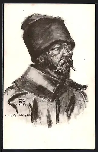 Künstler-AK Russischer Kriegsgefangener mit Hut und Schnurrbart
