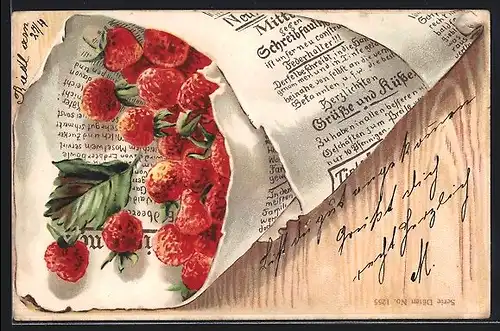 AK Schöne Erdbeeren in einer Tüte aus Zeitungspapier
