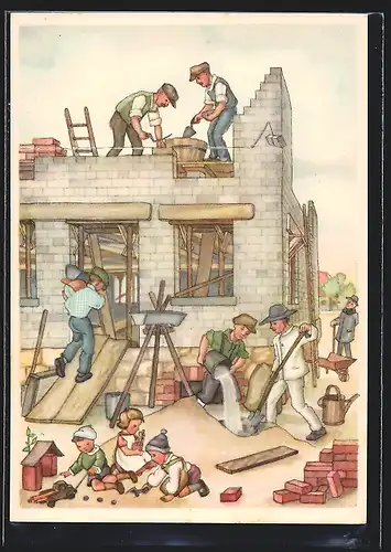AK Bauarbeiter bei der Arbeit beim Hausbau, spielende Kinder, Handwerk