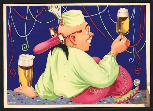 AK Lustiger Biertrinker mit Maske, Brauerei-Werbung