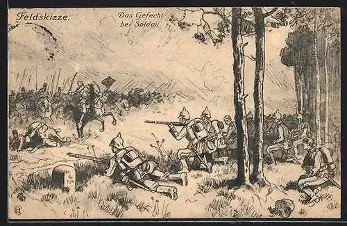 Künstler-AK Deutsche Infanterie im Gefecht bei Soldau 1914