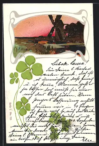 Lithographie Windmühle im Abendrot, Glücksklee, Jugendstil