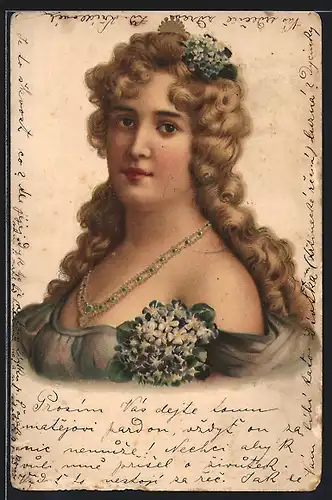 Präge-AK Blonde Schönheit mit Kette und Blumen im Haar, Jugendstil