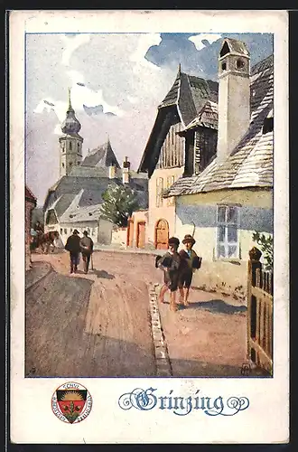 AK Deutscher Schulverein Nr.: 325, Grinzing, Ortspartie mit Kirche