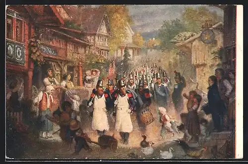 AK Soldaten der schweizer Armee in Uniform marschieren durch ein St. Gallisches Dorf