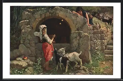 Künstler-AK Am Brunnen von Rocca-Ceri, Zwei junge Mädchen am Brunnen mit zwei Ziegen, Pro Juventute