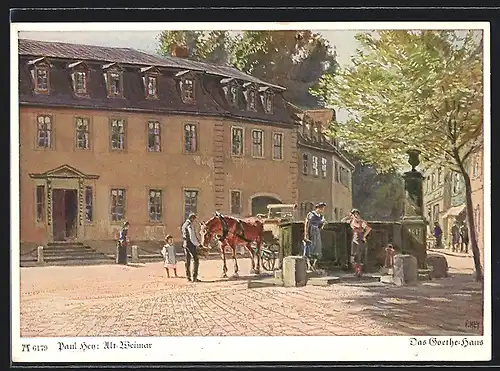 Künstler-AK Paul Hey: Alt-Weimar, Kutsche am Brunnen vor dem Goethehaus