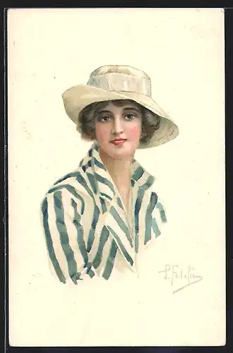 Künstler-AK Junge Dame in gestreiftem Hemd und Hut