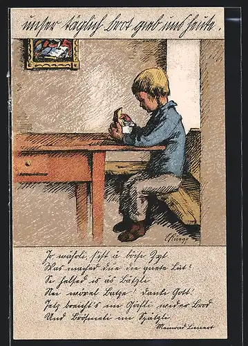 Künstler-AK Zürich, Kriegsnot-Unterstützung, Junge am Esstisch mit Suppe und trockenem Brot