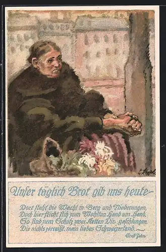 Künstler-AK Zürich, Kriegsunterstützung der Stadt, Arme Blumenverkäuferin in der Kälte