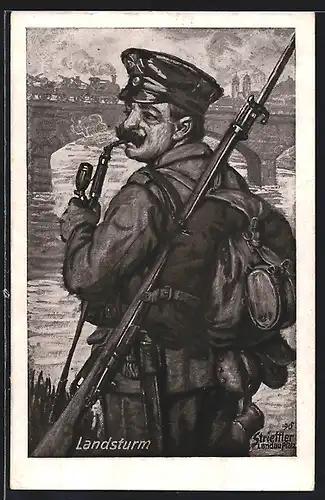 Künstler-AK sign. Strieffler: Infanteriesoldat des Landsturm mit Tabakspfeife