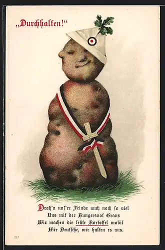 Lithographie Mobilmachung der Kartoffel, Durchhalten, Kriegsnot, Kartoffelsoldat mit Holzschwert