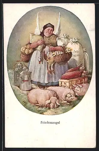AK Friedensengel, Scherz, Dicker Engel mit Lebensmitteln