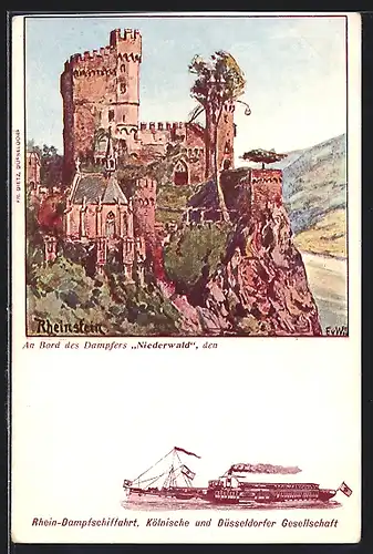 Künstler-AK Rheindampfer Niederwald der Kölnische und Düsseldorfer Gesellschaft, Burg Rheinstein