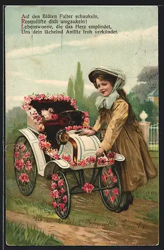 AK Mädchen steigt in eine Auto, das mit Rosen verziert ist