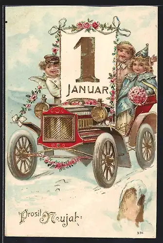 Präge-AK Kalenderblatt 1. Januar auf einem Auto mit Engelchen