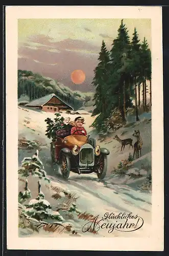 Künstler-AK Neujahrsgratulantin im Auto mit Glücksbringern