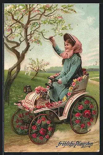 AK Pfingstgrüsse, Kleines Mädel in einem kleinen Automobil mit Rosen verziert