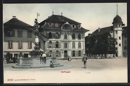 AK Zofingen, Ortsansicht mit Brunnen