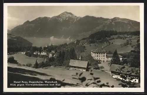 AK Morschach, Hotel-Pension Degenbalm mit Blick gegen Vierwaldstättersee und Rigi