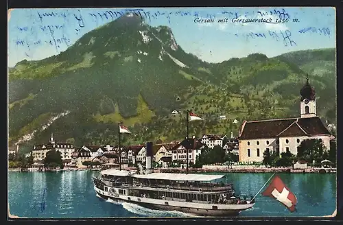 AK Gersau, Uferpartie mit Kirche und Gersauerstock, Im Vordergrund Dampfer