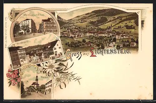 Lithographie Lichtensteig, Gesamtansicht, Marktgasse und Unterthor, St. Loretto