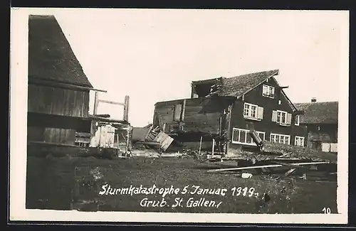 Foto-AK Grub, Sturmkatastrophe 1919, zerstörtes Haus