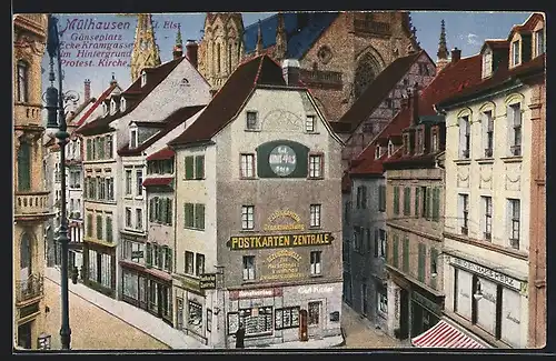 AK Mülhausen i. Els., Gänseplatz, Ecke Kramgasse, Postkarten-Zentrale