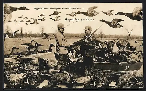 AK A good day for ducks, Entenjäger mit zahlreicher Beute, optische Täuschung